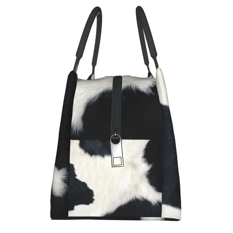 Print Black And White Cow Hide Insulated Lunch Bags for Women Simulated Cowhide Textured Portable Thermal Cooler Food Lunch Box