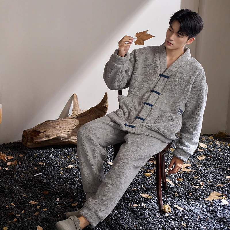 Men's Pajamas Thick Warm Flannel Autumn Winter Pyjamas Male Homme Pijamas Sleepwear Long-Sleeve V-Neck Cardigan Lounge Sleep Set