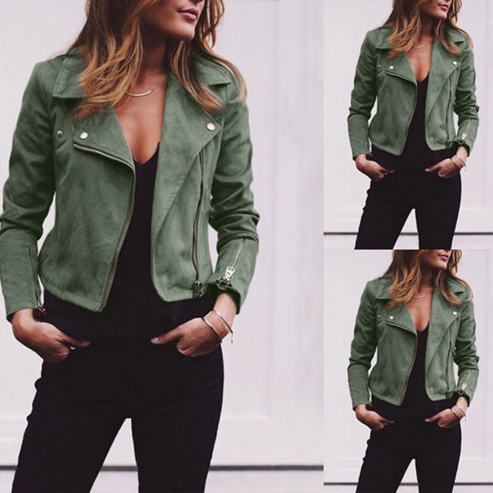 Trendy Diagonal Zipper Jacket Solid Color Lapel Design Short Jacket for Christmas Valentine\'s Day Gift