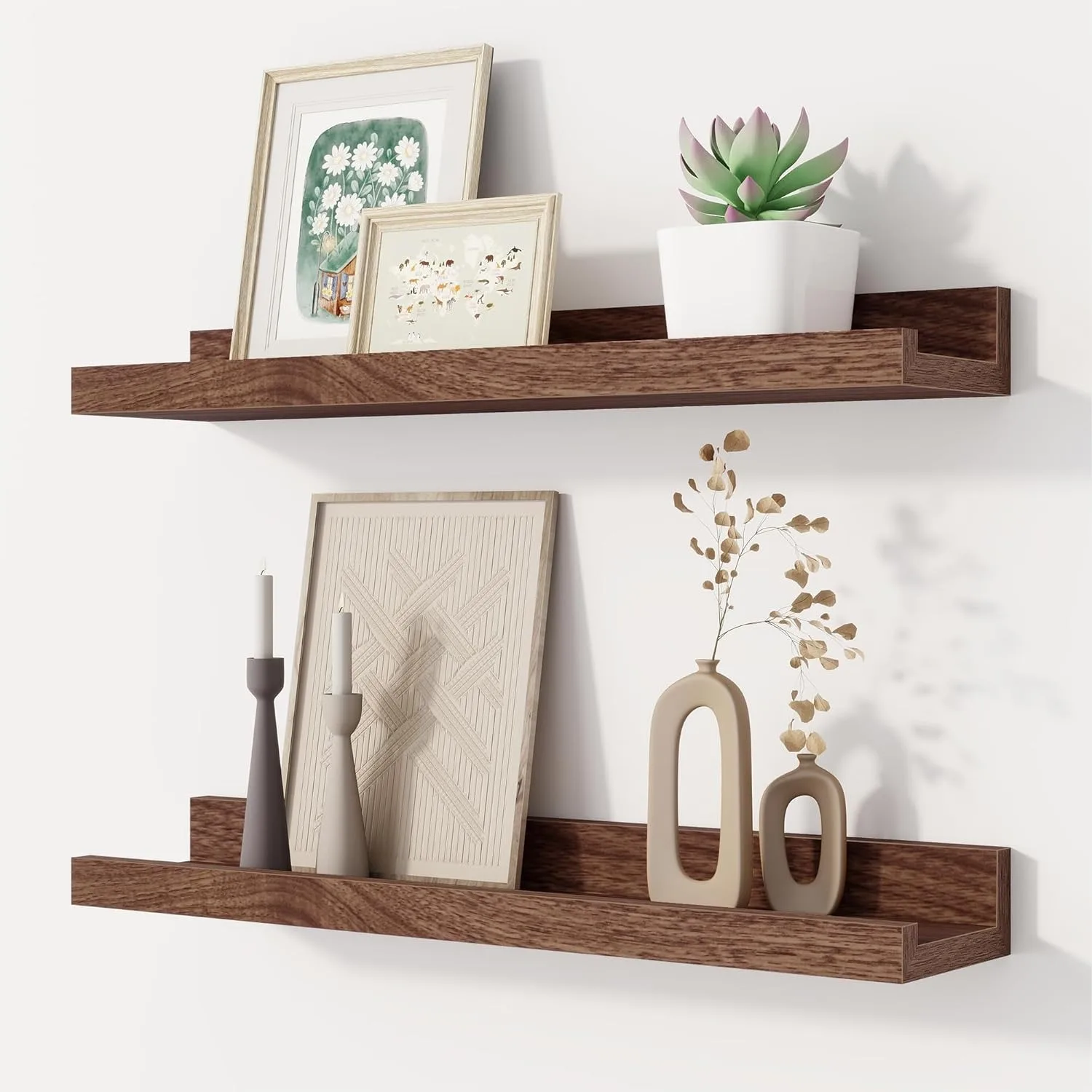 

Floating Picture Ledge Shelves Set of 2, 16 Inch Solid Wood Wall Shelves with Lip for Nursery Bookshelf, Living Room Decor