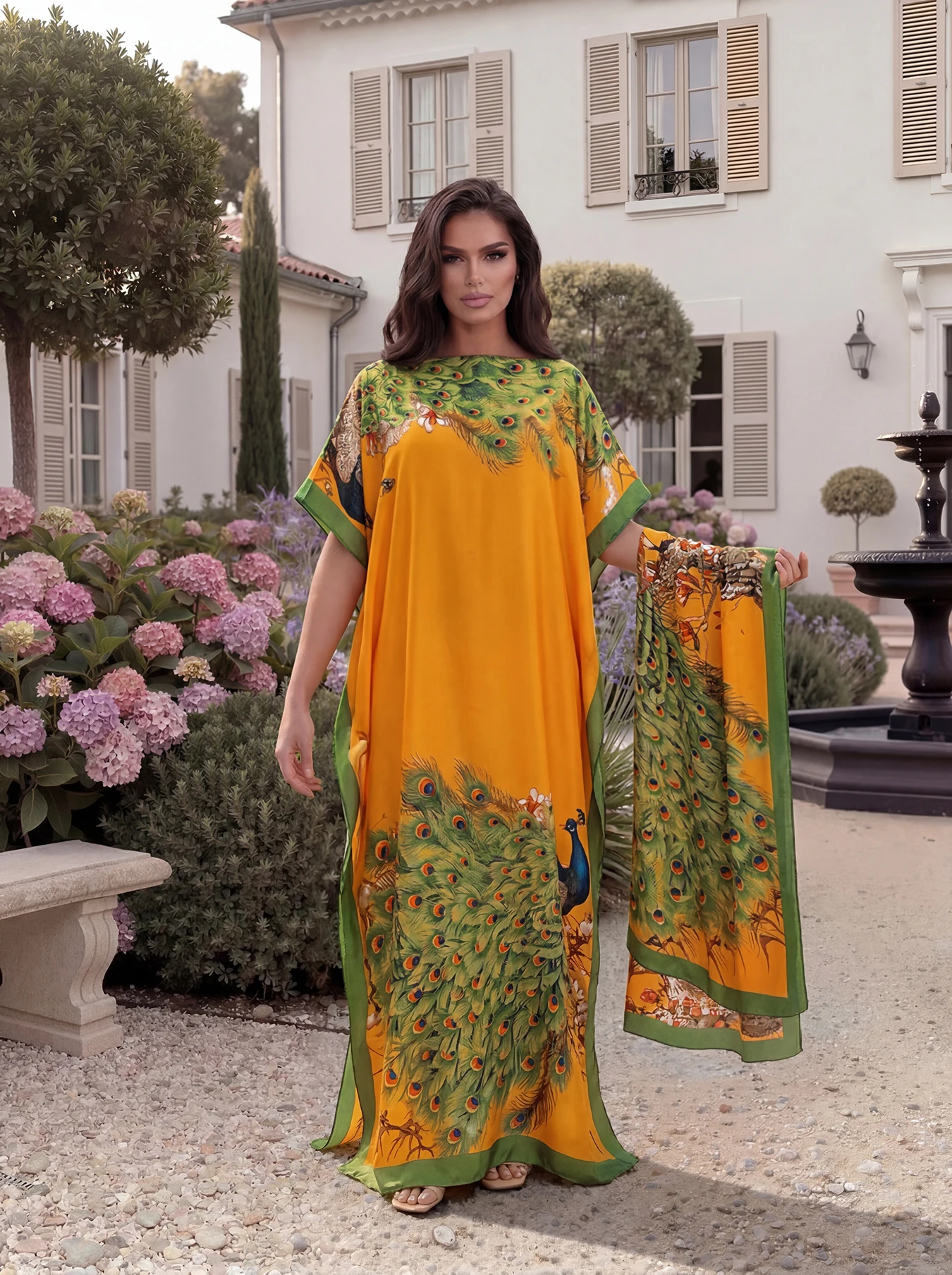 Peacock Print Abaya with Matching Scarf, Loose Long Robe, Summer Beach Vacation Outfit for African Muslim Ladies