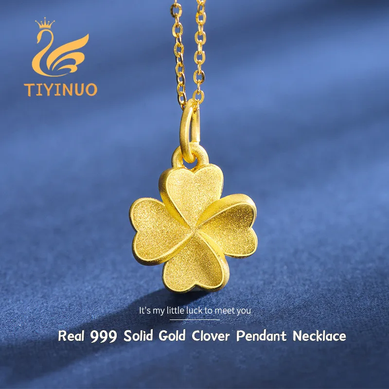 

TIYINUO Genuine 999 Pure Real Gold 24K Four-leaf Lucky Clover Pendant Necklace Fine Jewelry For Woman Classic Gift Cute Present