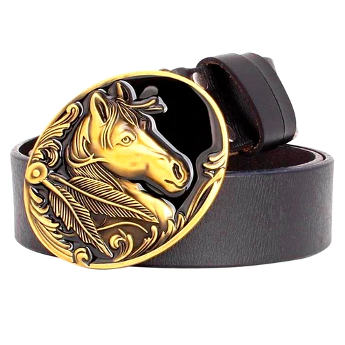 Imagen 2 del producto Cinturón con hebilla de cabeza de caballo dorado, cinturón de piel de vaca de estilo vaquero occidental a la moda, regalo para hombres y mujeres