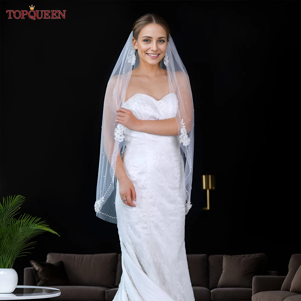 TOPQUEEN Elegant Bridal Single Layer Fingertip Veil With pearl  Edge Flower Luxury Wedding Veil With Sequined V241