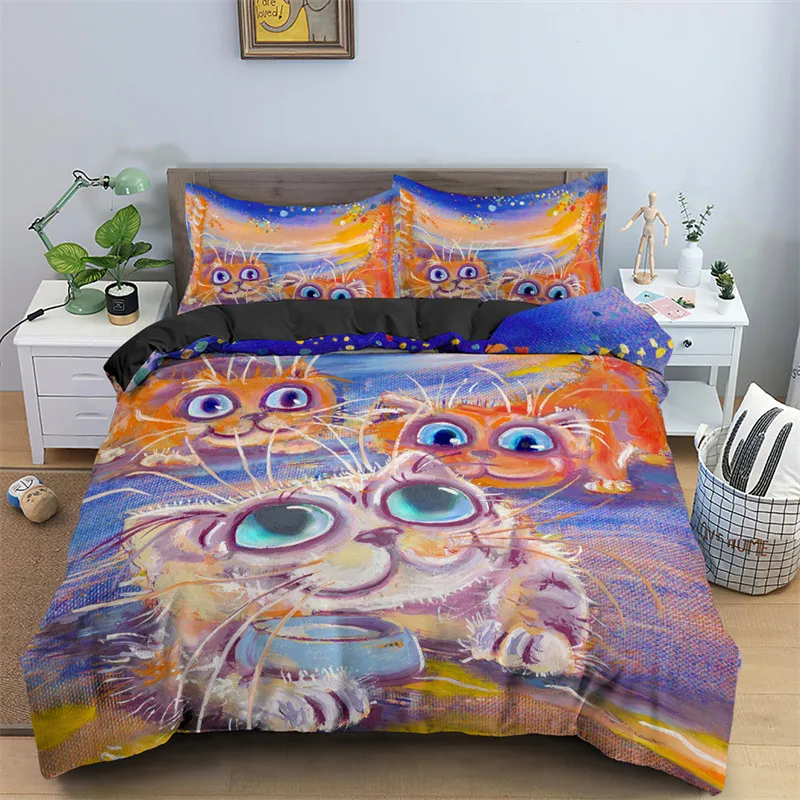 

Watercolor Cartoon Cat Duvet Cover Microfiber Cute Animals Comforter Cover Abstract Pet Cat Bedding Set King Twin Single Size