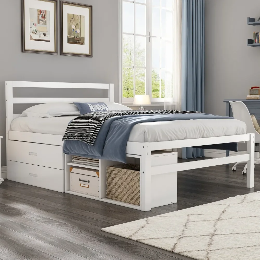 Full Size Wood Platform Bed with Removable Storage Shelves, Built-in Two Storage Drawers for Added Convenience