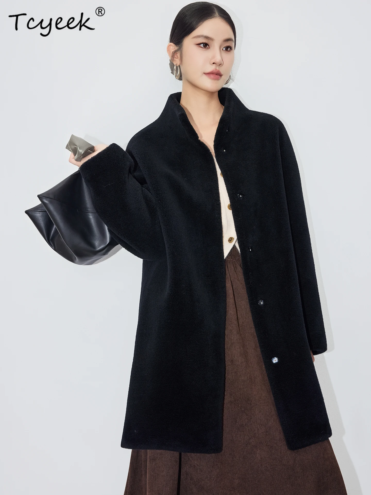 Tcyeek Real Wool Autumn Winter High End Trendy Stand Collar Black Medium Length Women's Wool Shearling Fur Coat Fourrures Femme