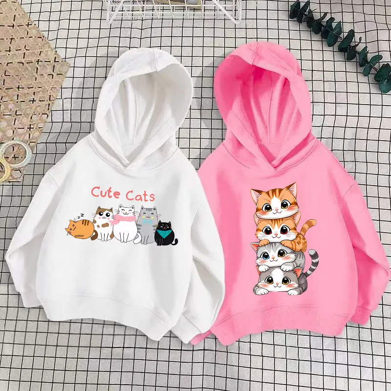 Children's Sweatshirt: 2026 Fall New Arrival—Cat-Print Long-Sleeve Hooded Sweatshirt, Cute White Cotton Girls' Pullover Jacket