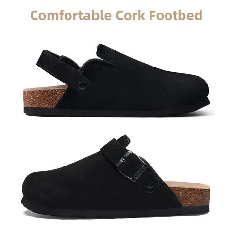 Litfun New Fashion Women's Clogs with Adjustable Strap Cork Footbed Leather Mules with Arch Support Unisex Outdoor Potato Shoes