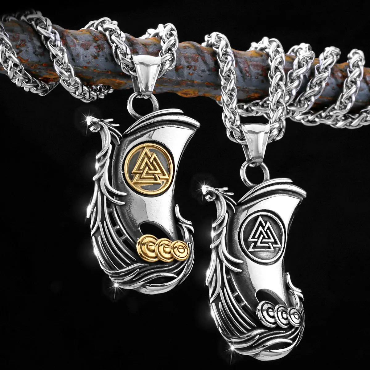 Pirate Battleship Personality Rune Necklace Nordic Men's Vintage Stainless Steel Pendant Necklace Jewelry Gift Wholesale