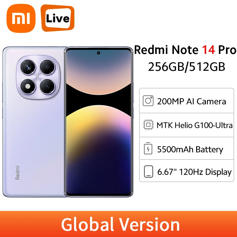 GLOBAL VERSION XIAOMI REDMI NOTE 14 PRO 4G NFC MOBILE PHONE 200MP CAMERA MEDIATEK HELIO G100-ULTRA 6.67 "120HZ AMOLED DISPLAY (باللغة الإنجليزية)