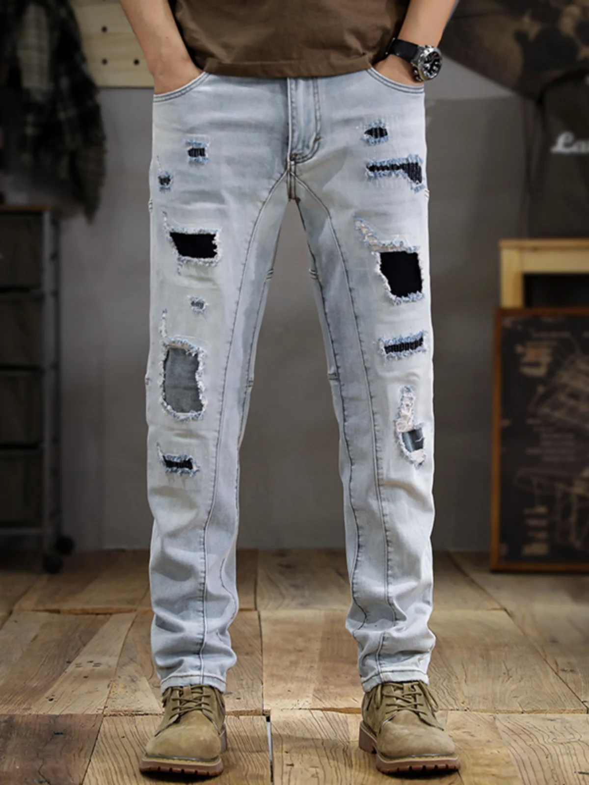 

High-End Faion Men's Jeans Patchwork Slim Fit Casual Long Pants Spring Autumn New Sle Elastic Splicing Hole Repair