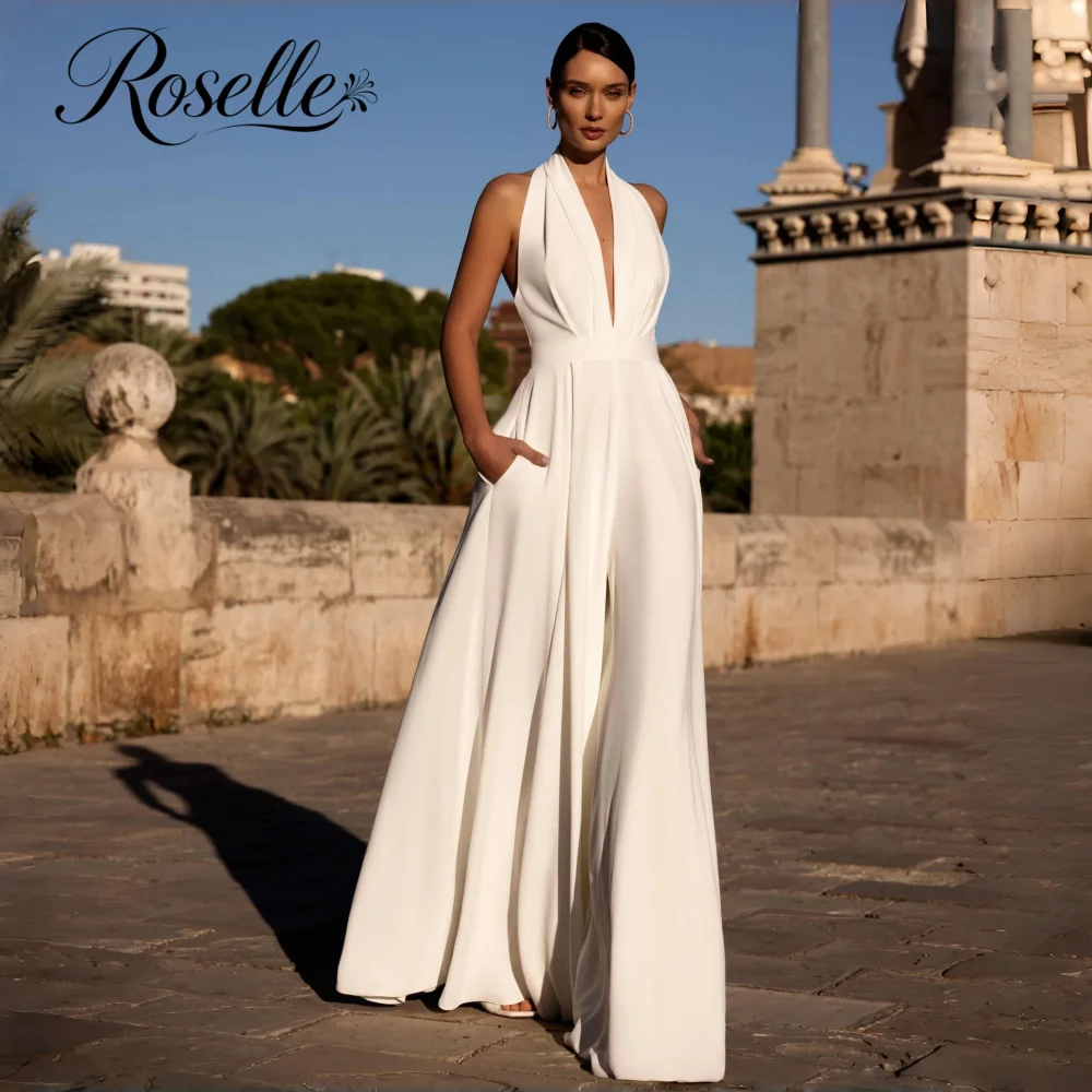 ROSELLE Modern Halter Deep V-Neck Sleeveless Jumsuit Wedding Dress Backless Pockets 2026 Bridal Gown Customized Vestido De Novia