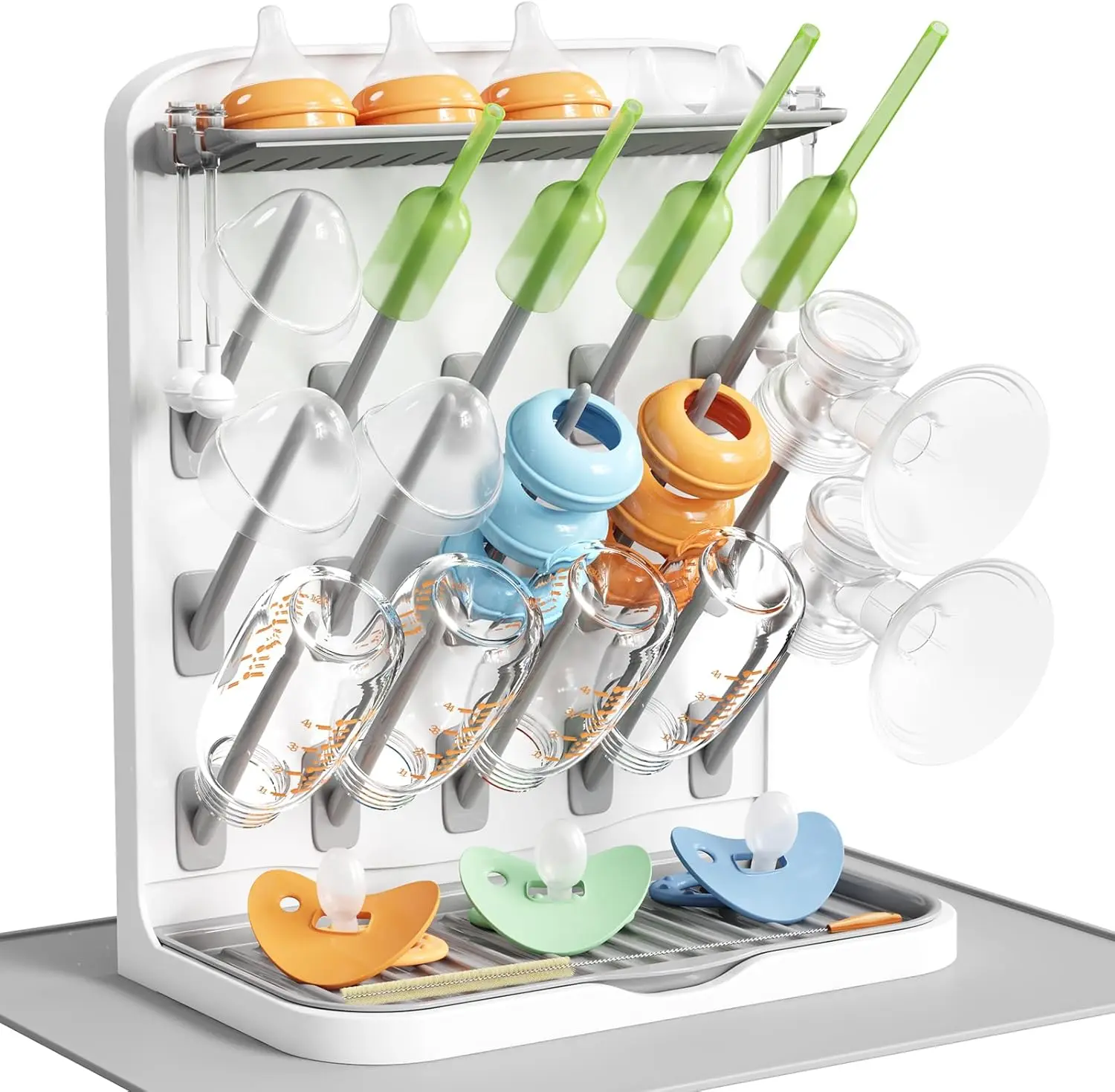 

Large Baby Bottle Drying Rack with 15 Hooks, Removable Pacifier Box and Drain Tray for Space-Saving Countertop Organization