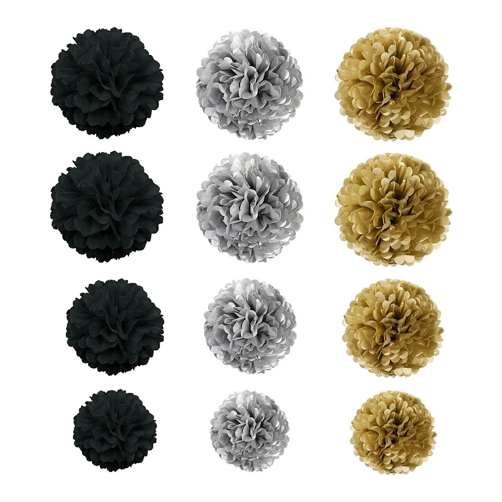 

1Set Fine Workmanship Paper Flower Ball Set 8 10 12 Inch Golden Silver Black Hanging Decors for Home Bar Shop Mall Party