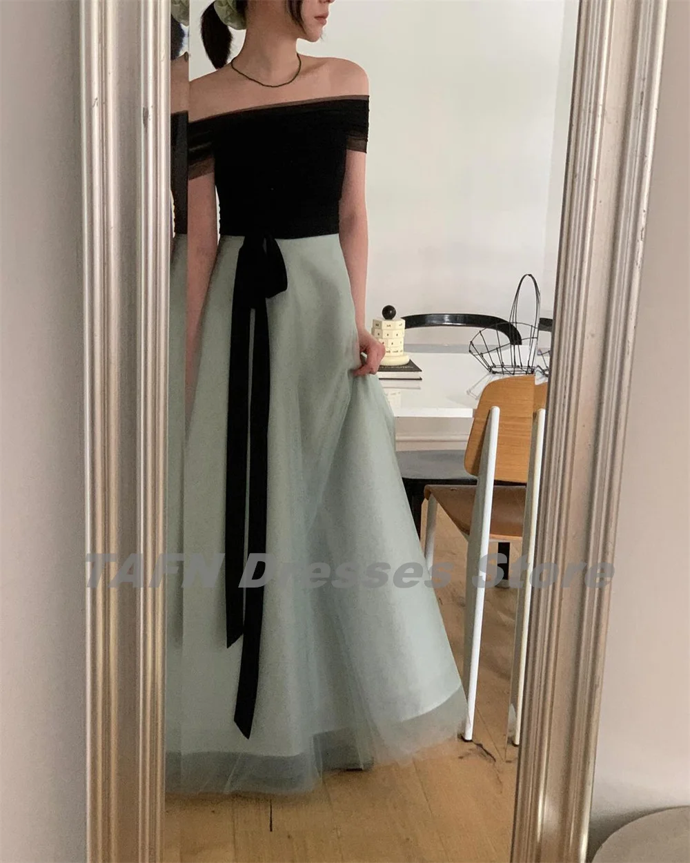 TAFN Korea Photo Shooting Dresses Strapless Soft Green Pleat Evening Party Dresses Floor-Length Patchwork 이브닝 파티 드레스 Customized