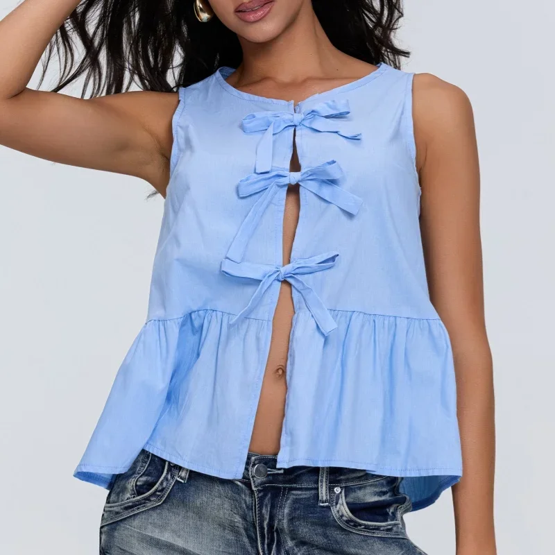 女性用フリル裾ペプラムトップ、フロントタイフロントタンクトップ、ノースリーブ、かわいい蝶ネクタイ、ベビードールベスト、夏のストリートウェア、ローズピンク