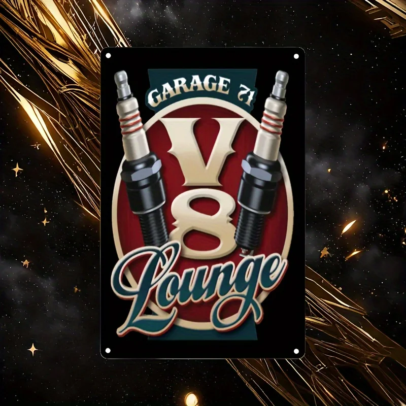 V8 Lounge Garage Metal Sign - Retro Automotive Wall Art with Crossed Pistons & Bold Lettering, Durable Hanging Plaque for Home,