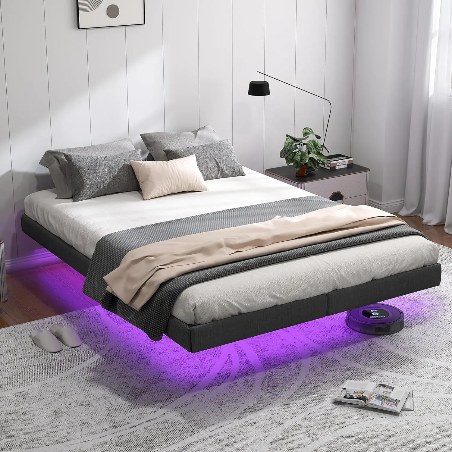 

Full LED Floating Bed Frame with Storage, Metal Platform Steel Slats, No Box Spring, Noise Free, Easy Assembly, Customized