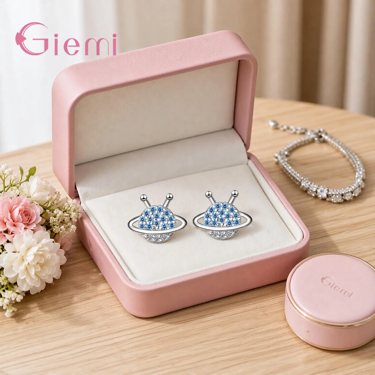Personality 925 Sterling Silver Planet Design Crystal Zircon Stud Earring For Women Girls Anniversary Party Fashion Jewelry Gift