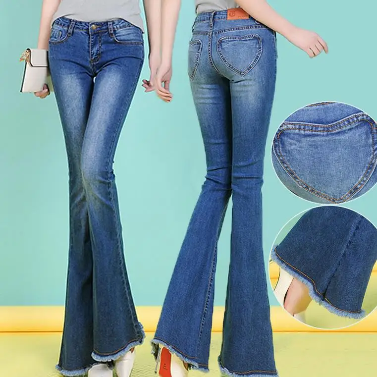 new fashion women flare pants stretch waist long jeans female trousers  spodnie damskie