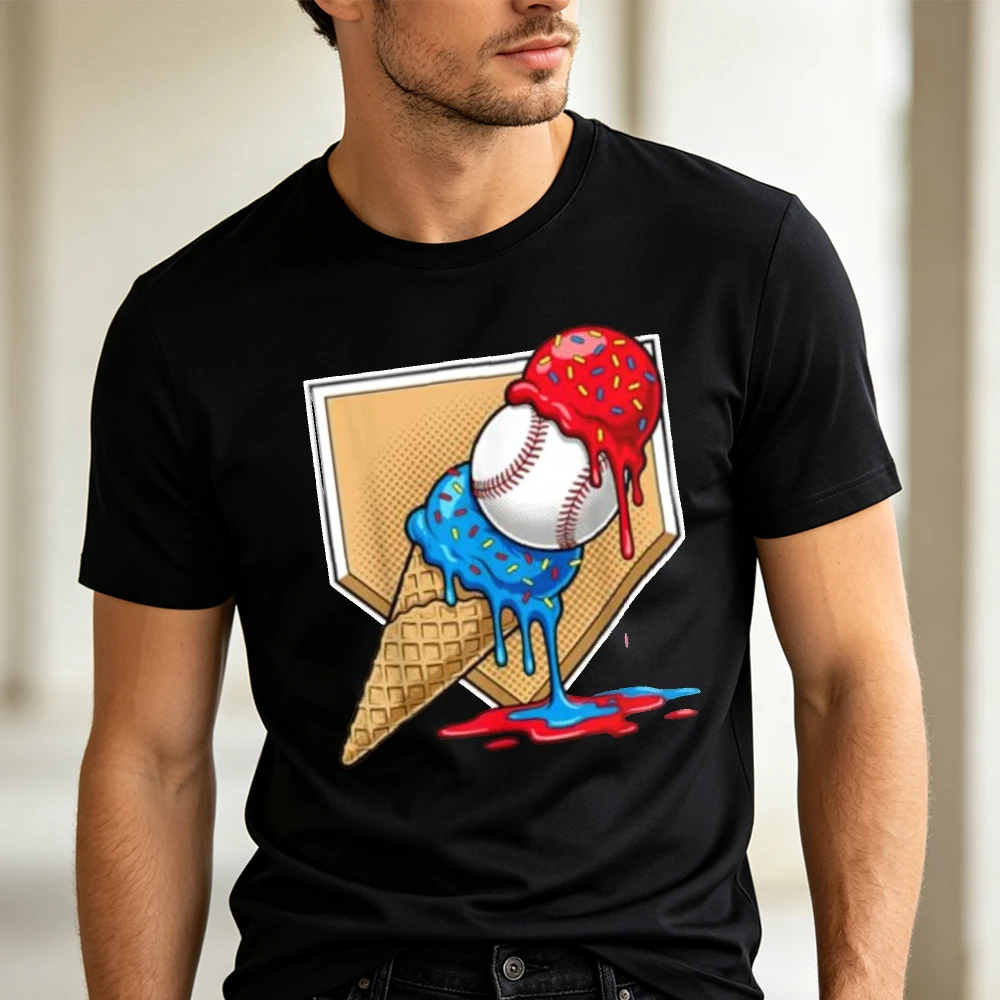 Ice Cream Baseball Cone Men Black T Shirt Sweet Treat Dessert Sports Mascot Streetwear T Shirt Fun Graphic Clothes