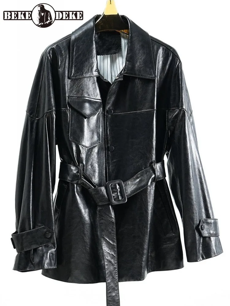 Concise Ladies Single-Breasted Genuine Leather Jackets Solid Color Turn Down Collar Long Sleeves Belt Sheepskin Outwear