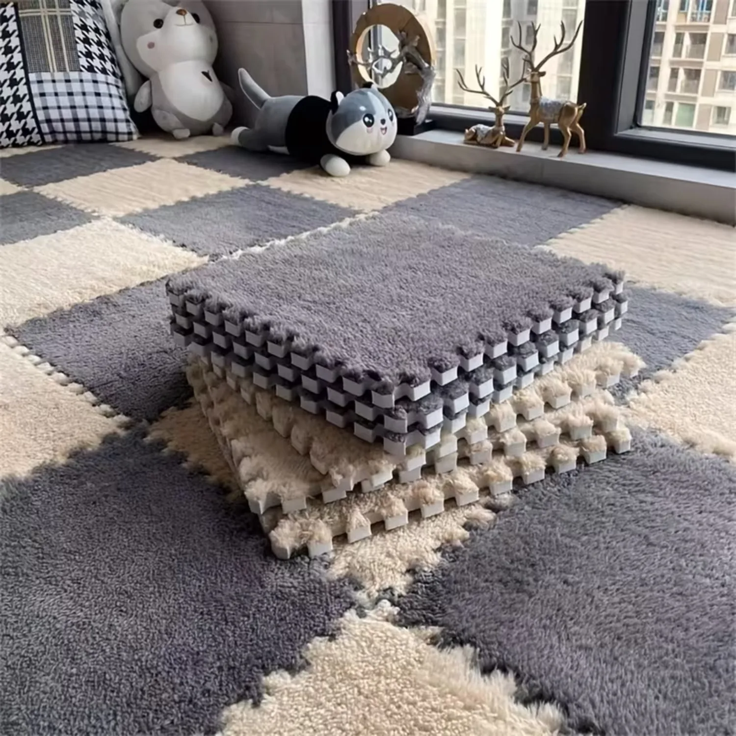 Baby Plush Warm Floor Mat EVA Foam Puzzle Rug Anti-fall Non-slip Washable Interlocking Baby Fitness Activity Play Mat