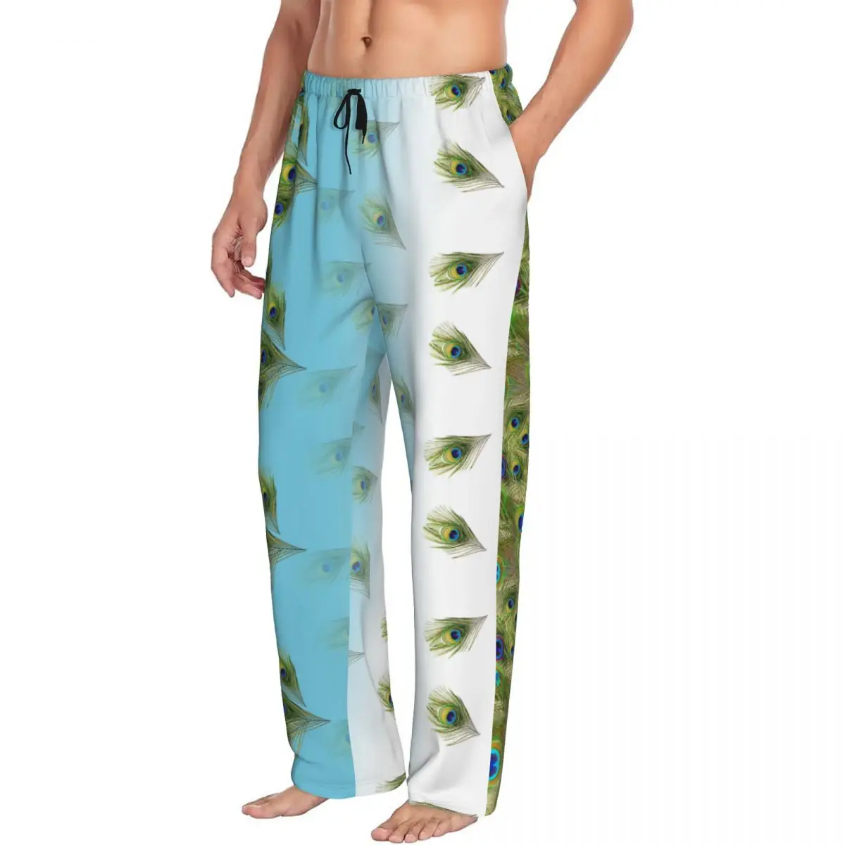 Custom Printed Men's Pajama Pants Peacock Feather Sleepwear Sleep Lounge Bottoms with Pockets