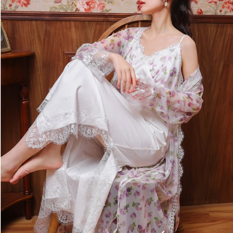 Floral Mesh Night Dress Robe Sets Women Two Pieces Sexy Long Peignoir Romantic Nightgown Bathrobe Nightwear Princess Sleepwear