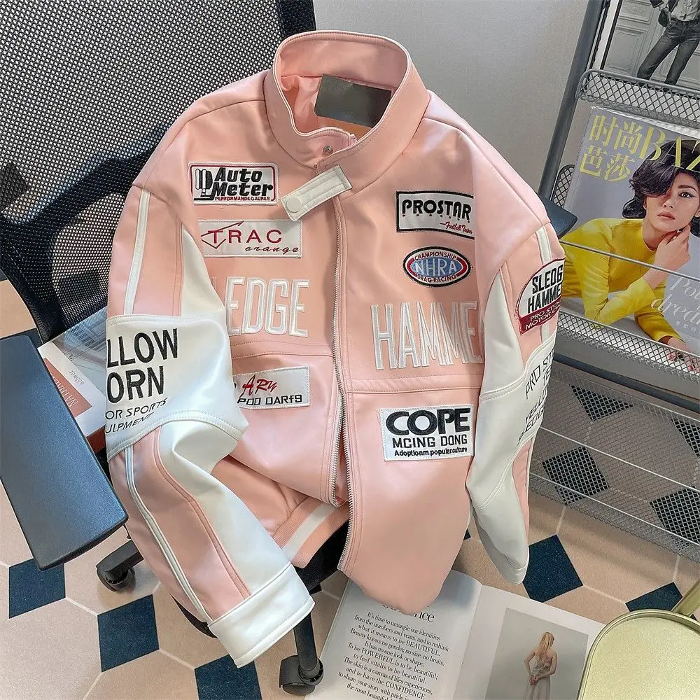 Pink american style motorcycle pu leather jacket coat baseball jacket women autumn and winter fried street high level clothes