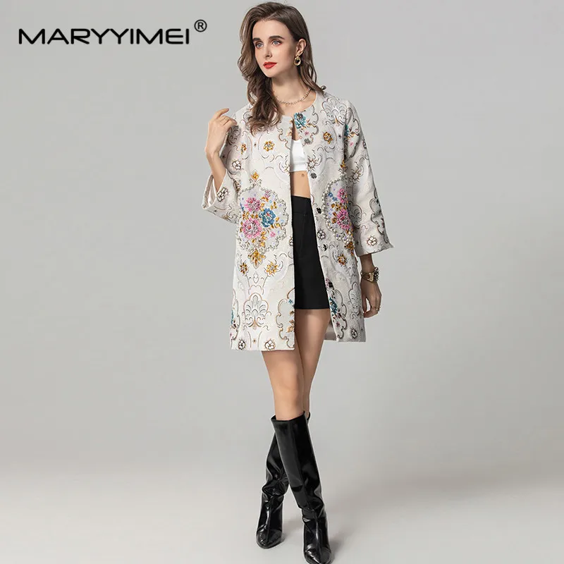 MARYYIMEI Autumn and winter New Style Vintage Designer Coat Jacquard Long-Sleeved Single-Breasted Beading Sequins Short Overcoat