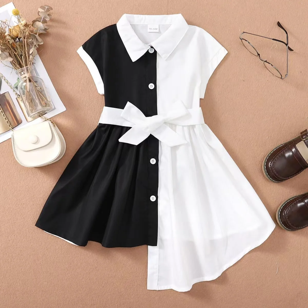 

New Girls' Dress ins New Small and Medium Children's Spliced Shirt Dress Girls' Contrast Color Fashion Shirt Dress