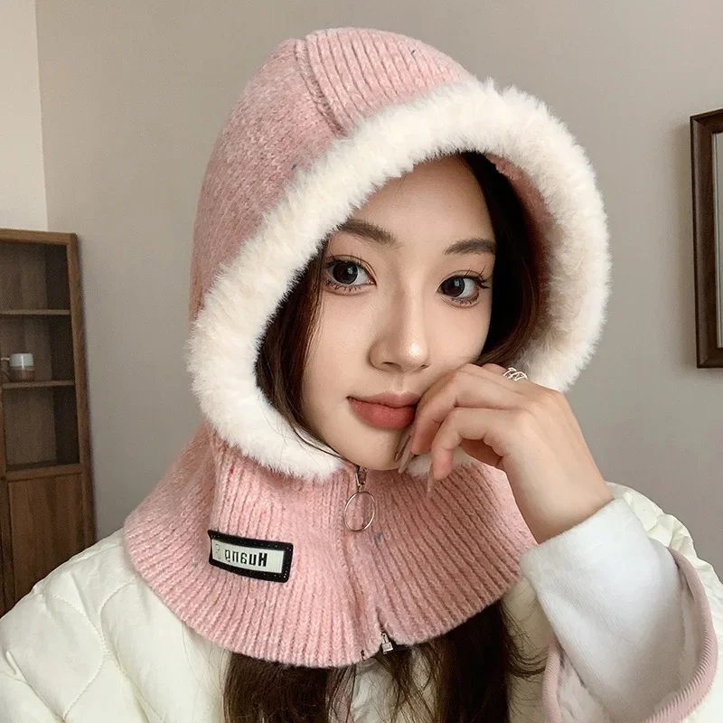 winter new contrasting color windproof warm hat scarf integrated women's neck ear protector wool knitted hat tide