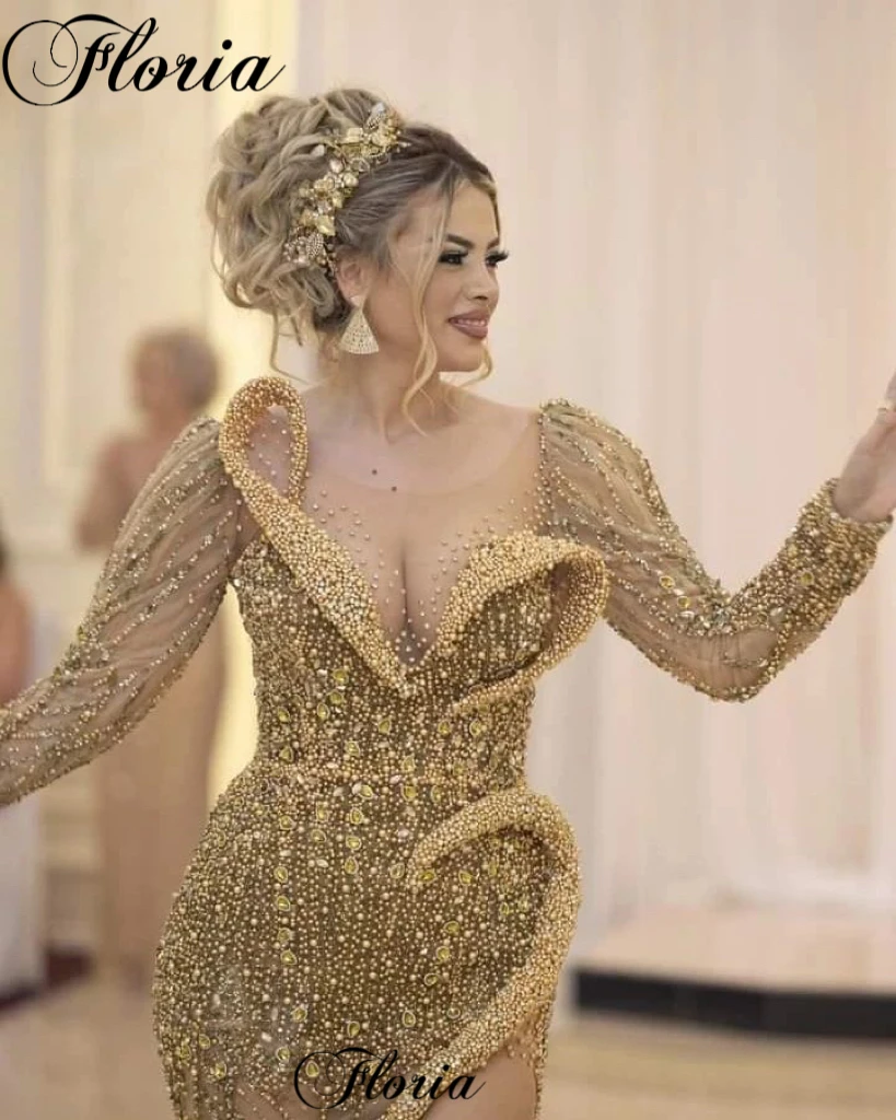 Long Sleeves Gold Prom Dresses With Side Slit Beaded Evening Dresses Plus Size Crystals Wedding Guests Dresses Vestidos De Noche