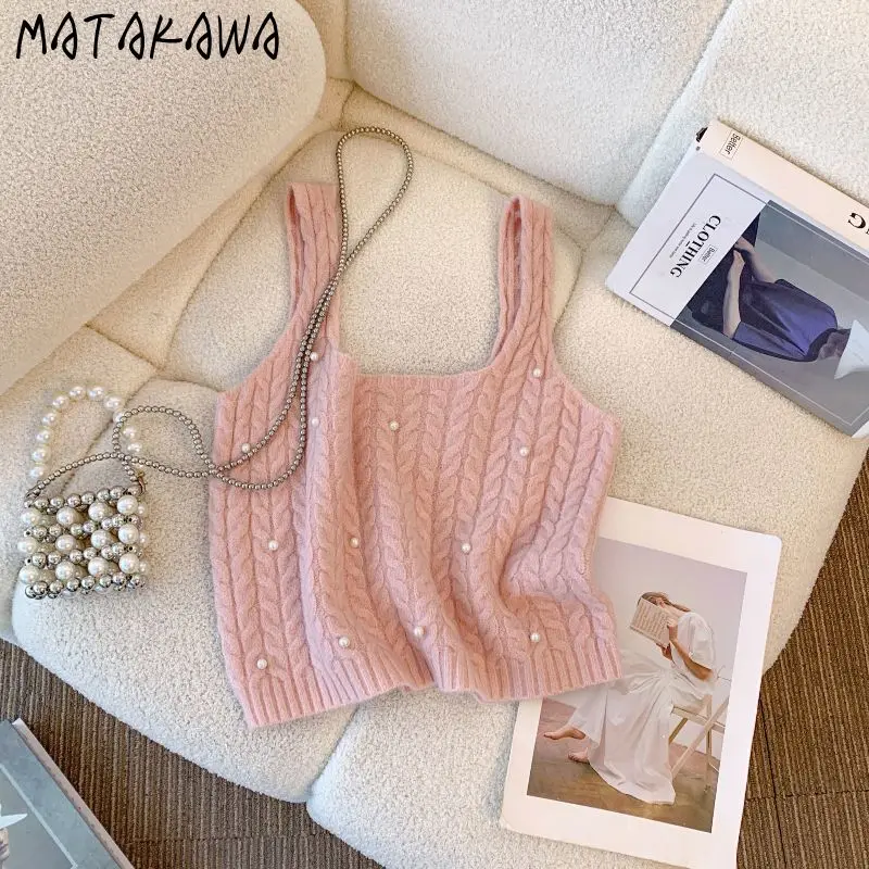 

Matakawa Beading Autumn Winter Clothes Woman Sweaters Solid Sweet Short Vests Korean Fashion Basics Simple Slim Pullovers
