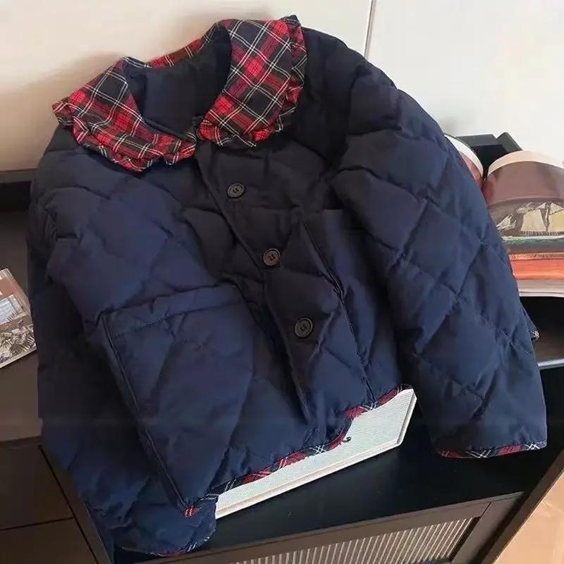 

Корейские винтажные темно-синие хлопковые парки с карманами и решетчатой окантовкой, воротник Питера Пэна, зимняя куртка, женское пальто, короткая плотная одежда, уличная одежда