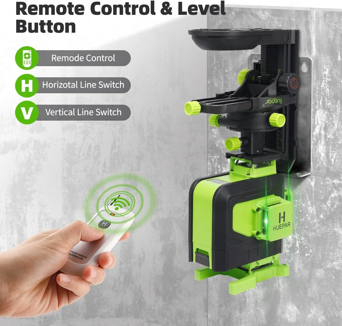 Imagem -02 - Cruz Linha Nível Laser 16 Linhas Linha Feixe Verde Li-ion Bateria para Azulejos Piso Multifunções Controle Remoto Huepar4d