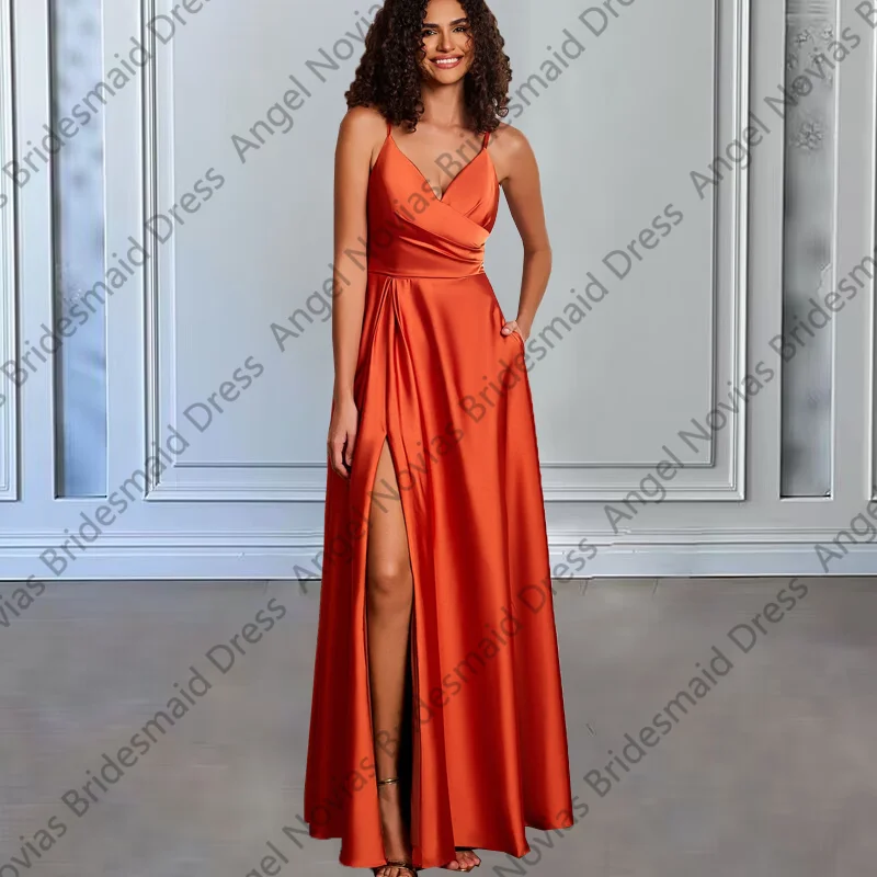 Abiti da damigella d'onore lunghi arancioni personalizzati con tasca da sera, ballo di fine anno, festa formale, compleanno, vestido boda invitada mujer