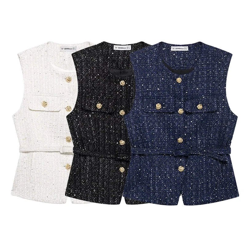 

Willshela Women Fashion With Belt Single Breasted Sleeveless Jacket Vintage O-Neck Vest Waistcoats Female Chic Lady Tank Tops