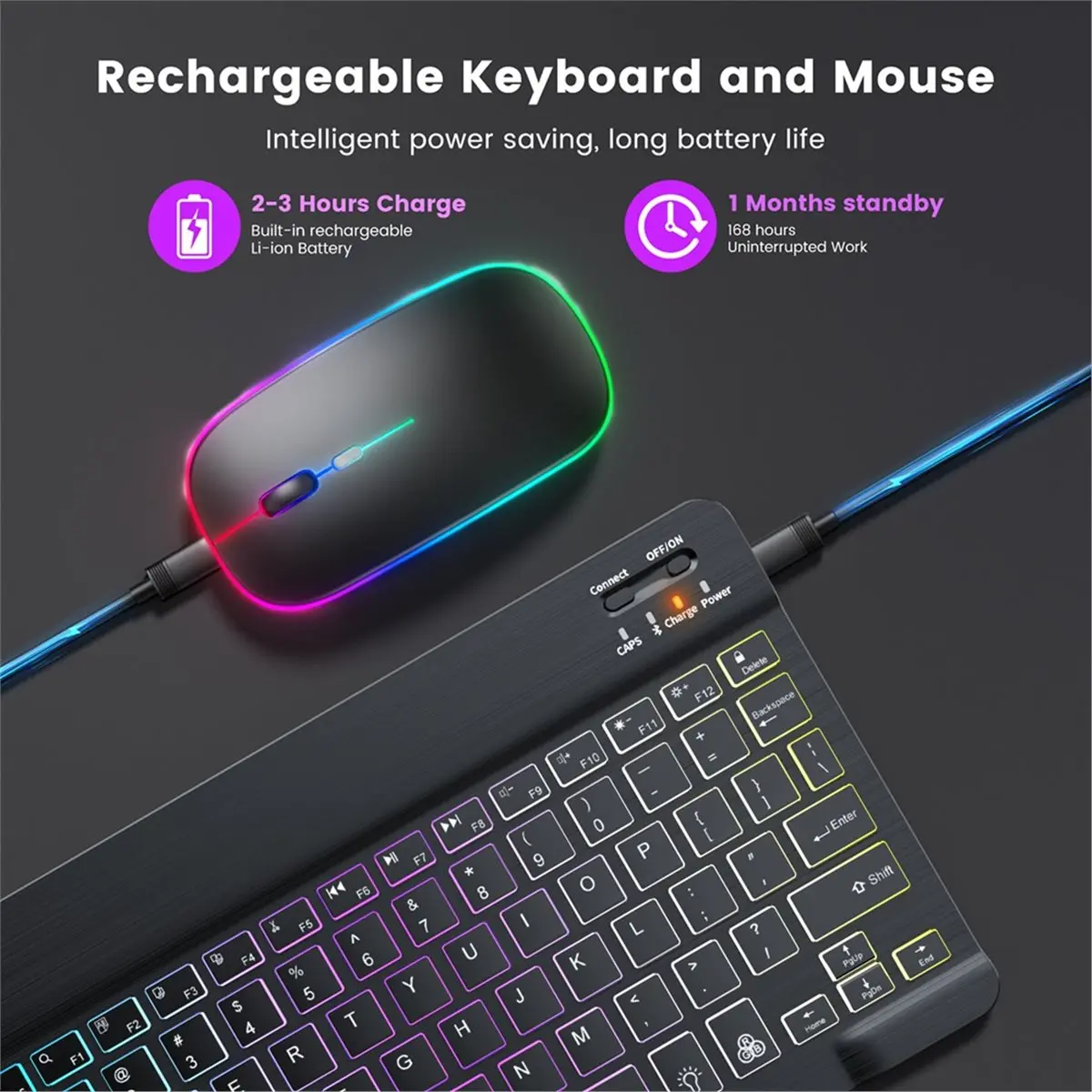 NEW FACTORY~10inch Tablet Wireless Keyboard and Mouse RGB Backlit Rechargeable Bluetooth English Keyboard Mouse Combo Kit