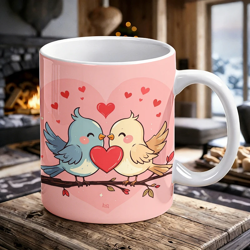

1pcs Cute Q-version love birds holding a heart together with handle ceramic cup, creative coffee cup, milk cup, office tea cup