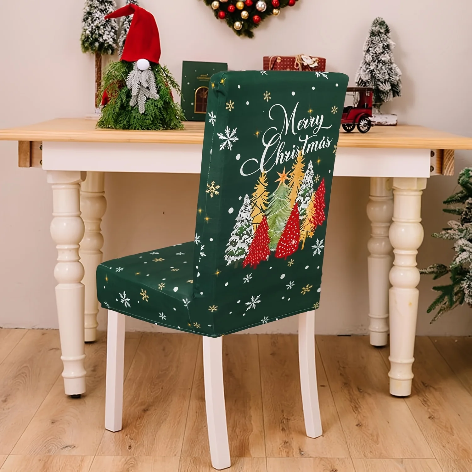 Merry Christmas Tree Snowflake Dining Chair Cover Stretch Spandex Chair Slipcover Dark Green Winter Holiday Home Decor