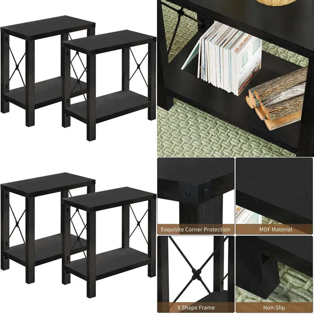 

Компактные торцевые столики в деревенском стиле с X-образной рамой, пара с полкой для хранения, идеально подходят для небольших помещений, использования в гостиной и спальне, черный