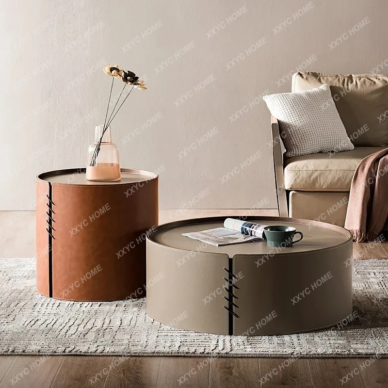 

Italian light luxury sofa side table modern simple minimalist living room creative orange saddle leather round table