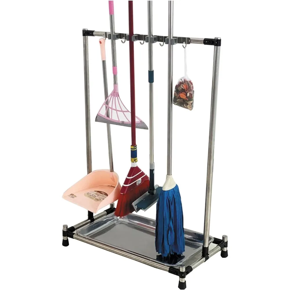 

Floor Standing Wet Mop Holder with 8 Slots and 10 Hooks for Cleaning Supplies Organization