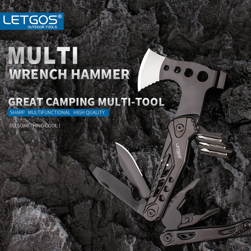 LETGOS Multitool camping axe 16-in-1 portable Gear survival tool w/ pliers hammer nylon sheath, perfect gift for hiking survival