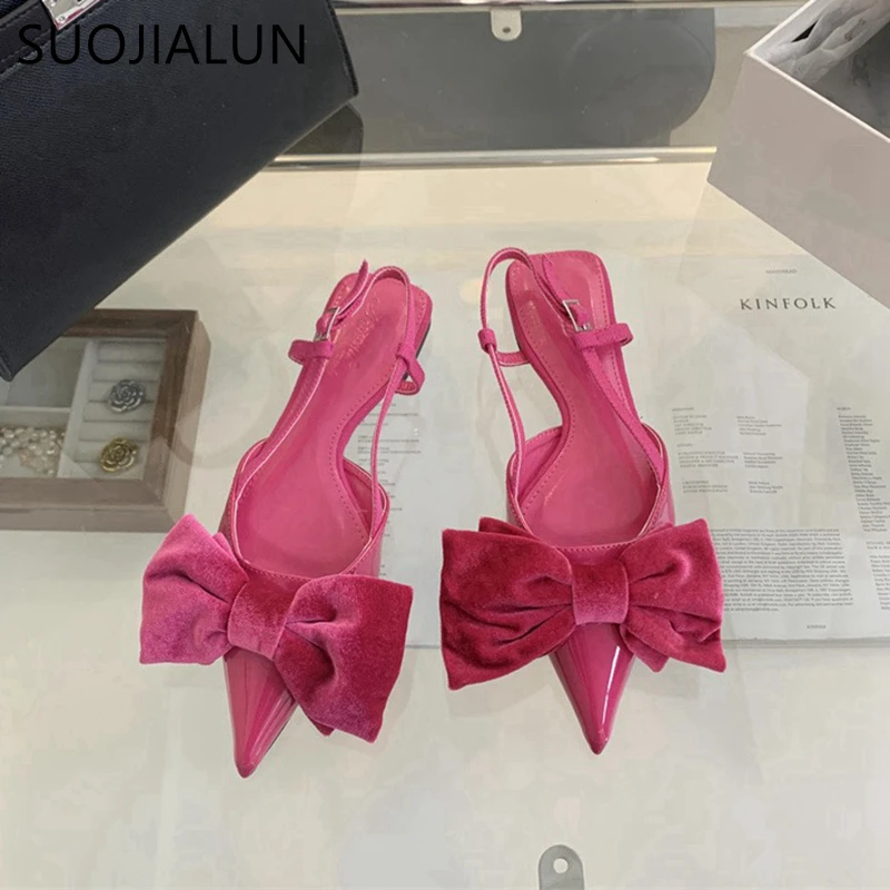 SUOJIALUN 2024 Spring New Women Sandal Fashion Big Bow-knot Ladies Elegant Slingback Shoes Flat Heel Outdoor Dress Mules Sandal