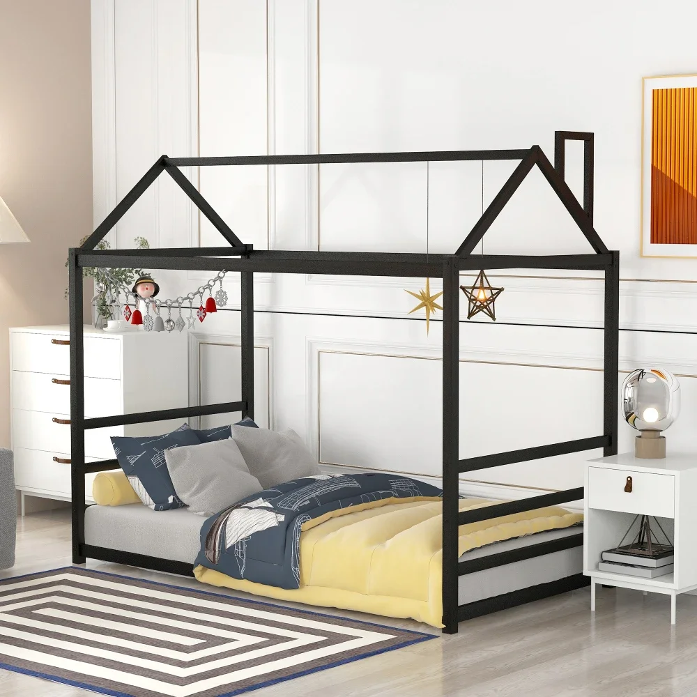 

Children Beds House Platform Bed with Roof and Chimney Design,Black White Children Furniture Bunk Bed for Kids Wooden Beds