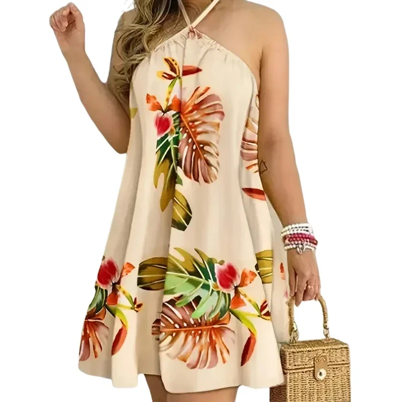 

Plus Size 1XL-5XL Women's Fashion Elegant Floral Print Dress Ladies Casual Sleeveless Summer Beach Halter Loose Dress